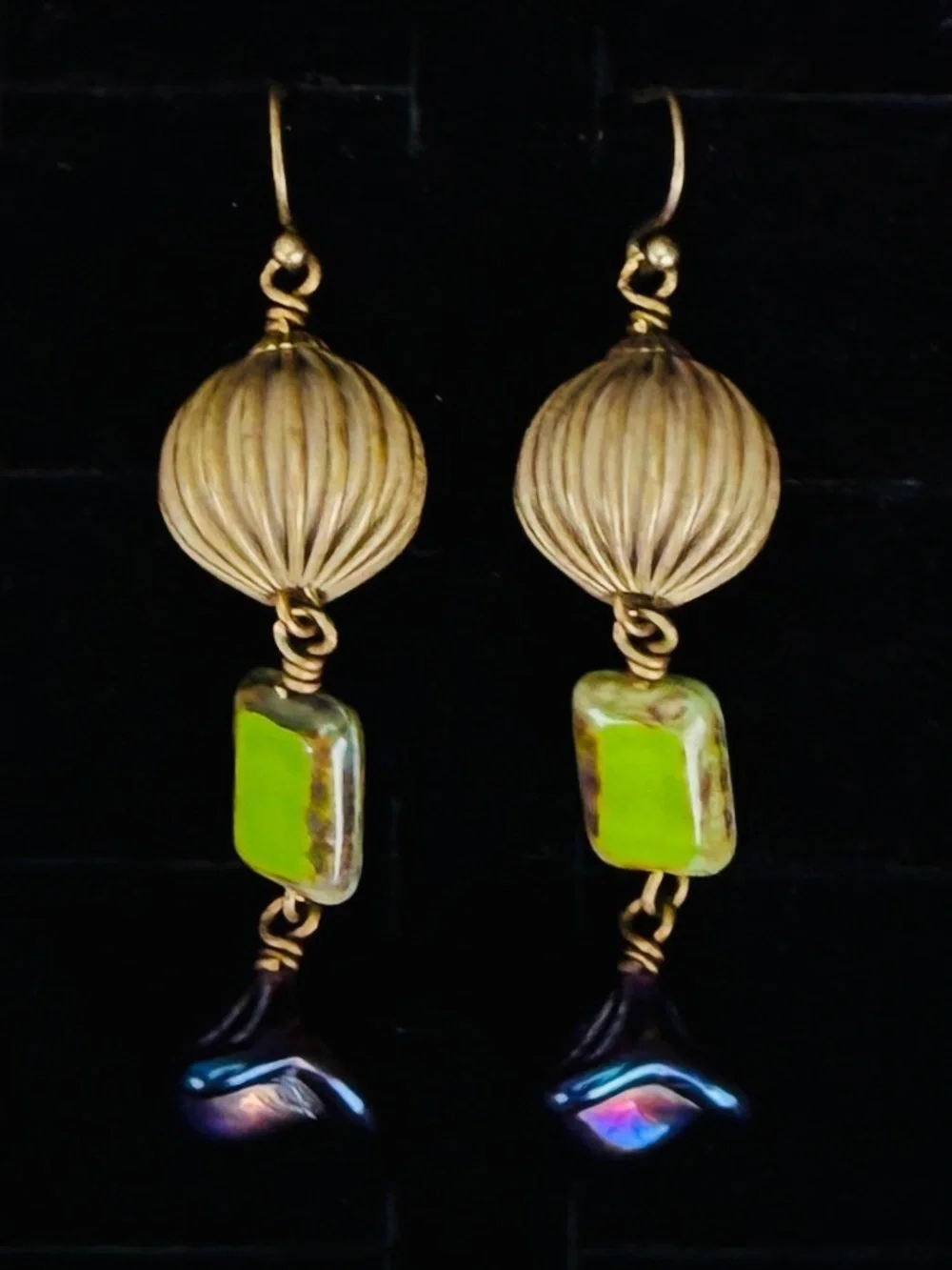 Vintage bronzetone, long Bohemian chic costume pierced earrings